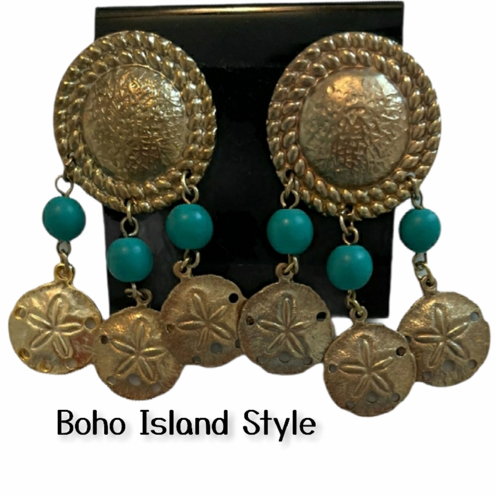 Hammered Gold Dangling Turquoise Bead Starfish Dangle Boho Earrings Handcrafted